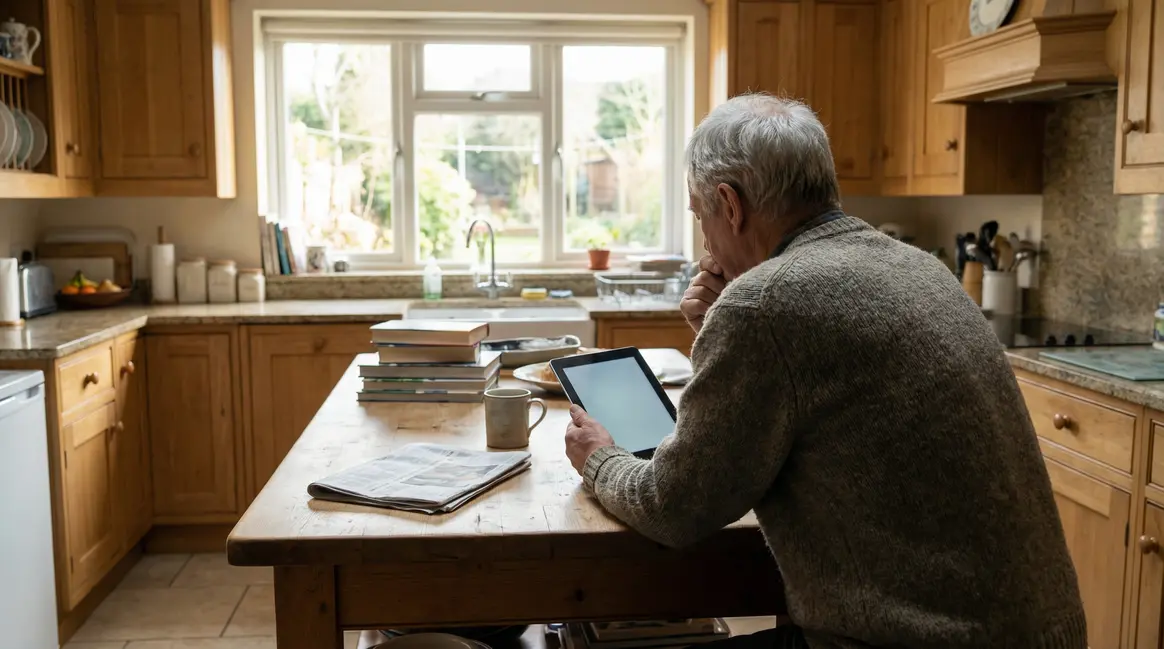 senior lisant article abdominaux cuisine matin