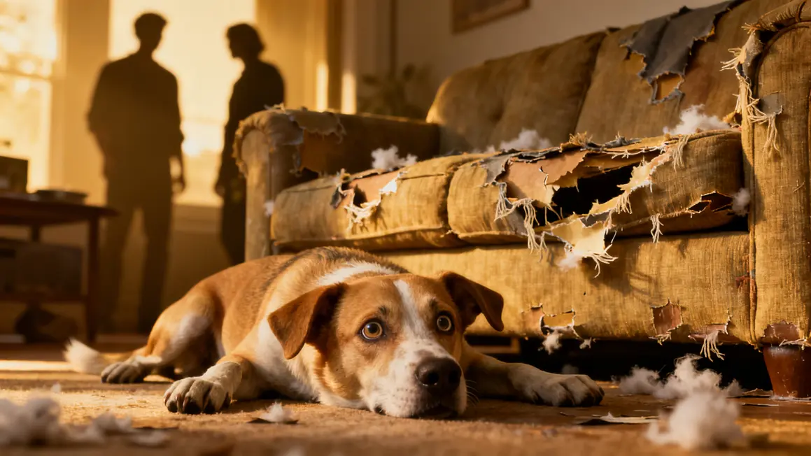 chien anxieux devant canapé eventré routine canine
