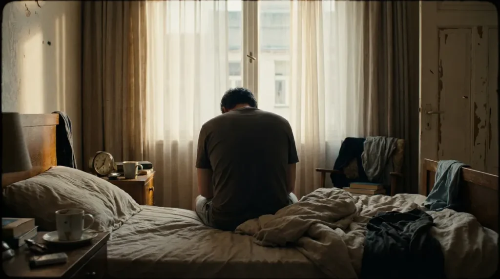 Personne assise sur un lit, épuisement matinal