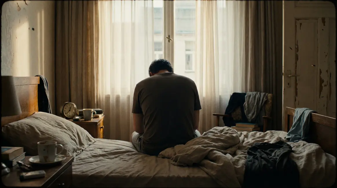 Personne assise sur un lit, épuisement matinal