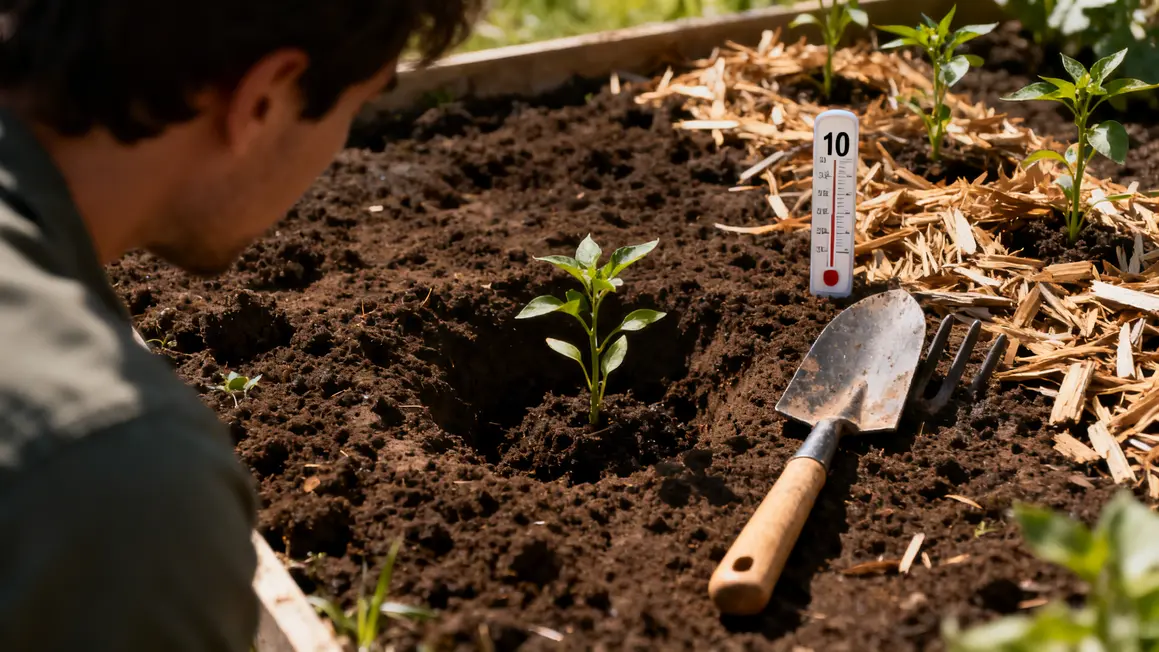 Outils et paillage en attente sur sol humide au jardin