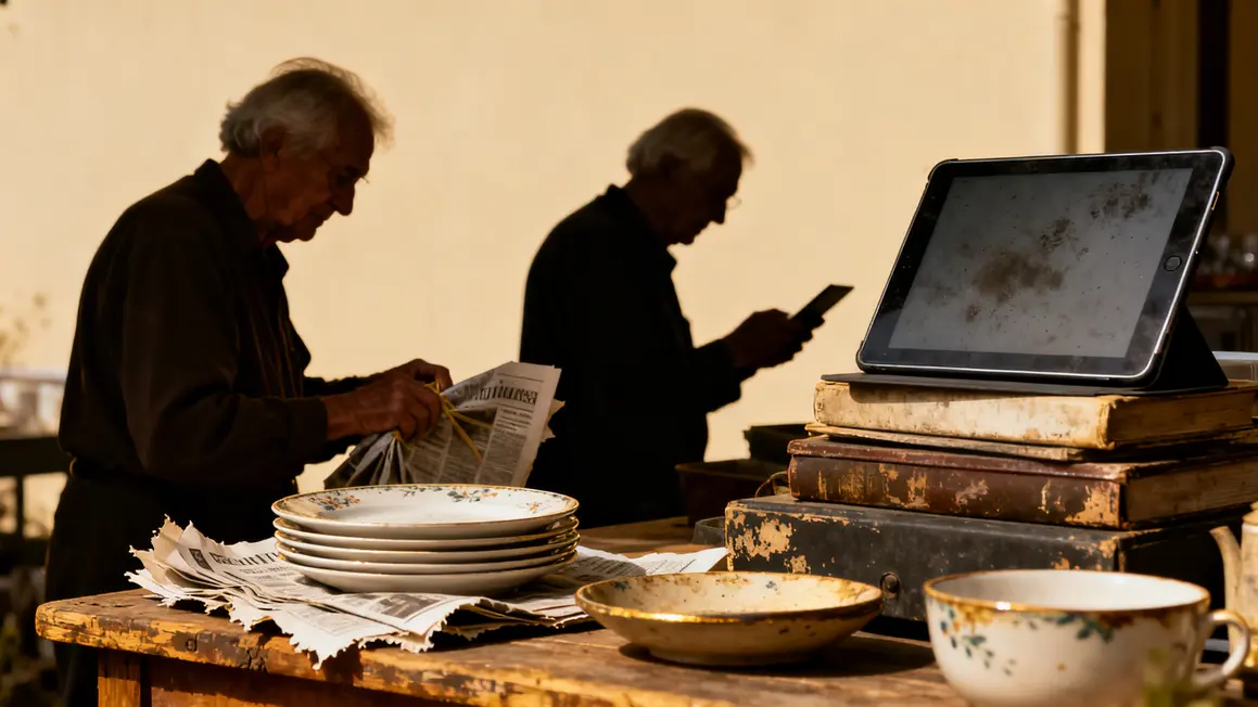 Retraités trient, vendent objets sur tablette