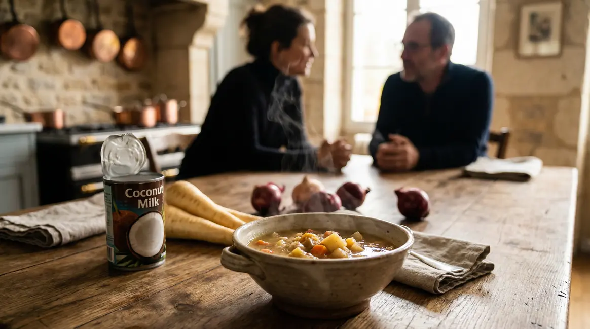 bol soupe hiver lait de coco legumes sur une table