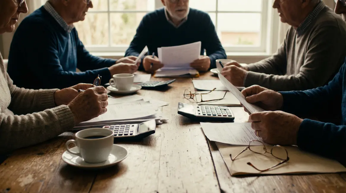Seniors discutant stratégie d'épargne autour d'une table