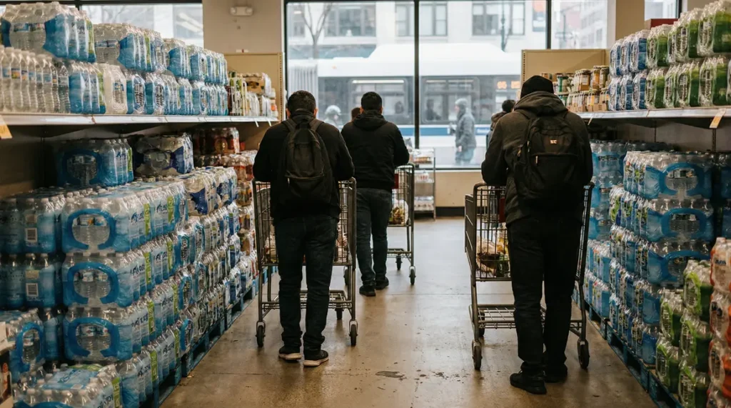 rayon supermarché rempli packs eau plastique clients dos