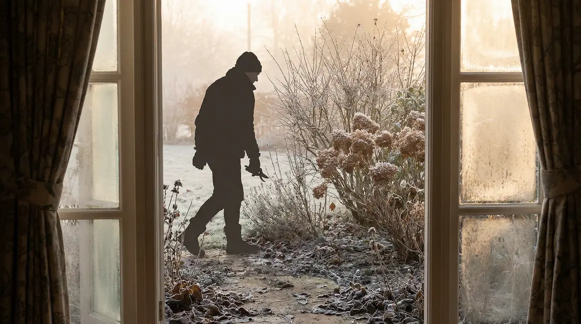 Personne taille arbustes givrés jardin hiver