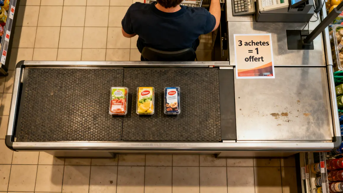 Trois produits sur tapis caisse promo non appliquée
