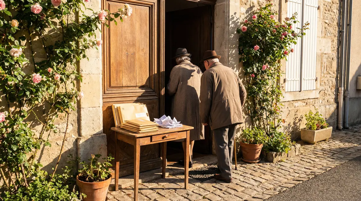 Seniors devant maison, documents fiscaux pour taxe foncière 2026