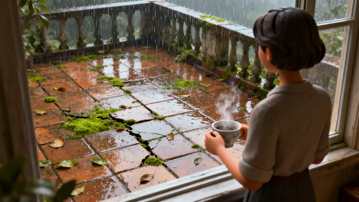 Terrasse glissante pluie mousse feuilles