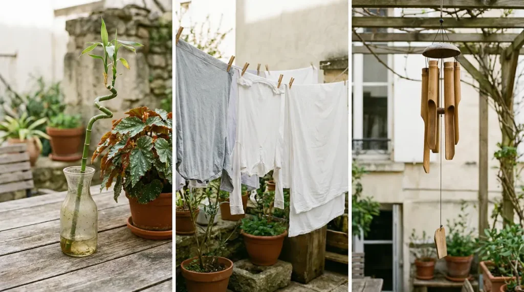 terrasse jardin printemps avec vase bambou porte bonheur