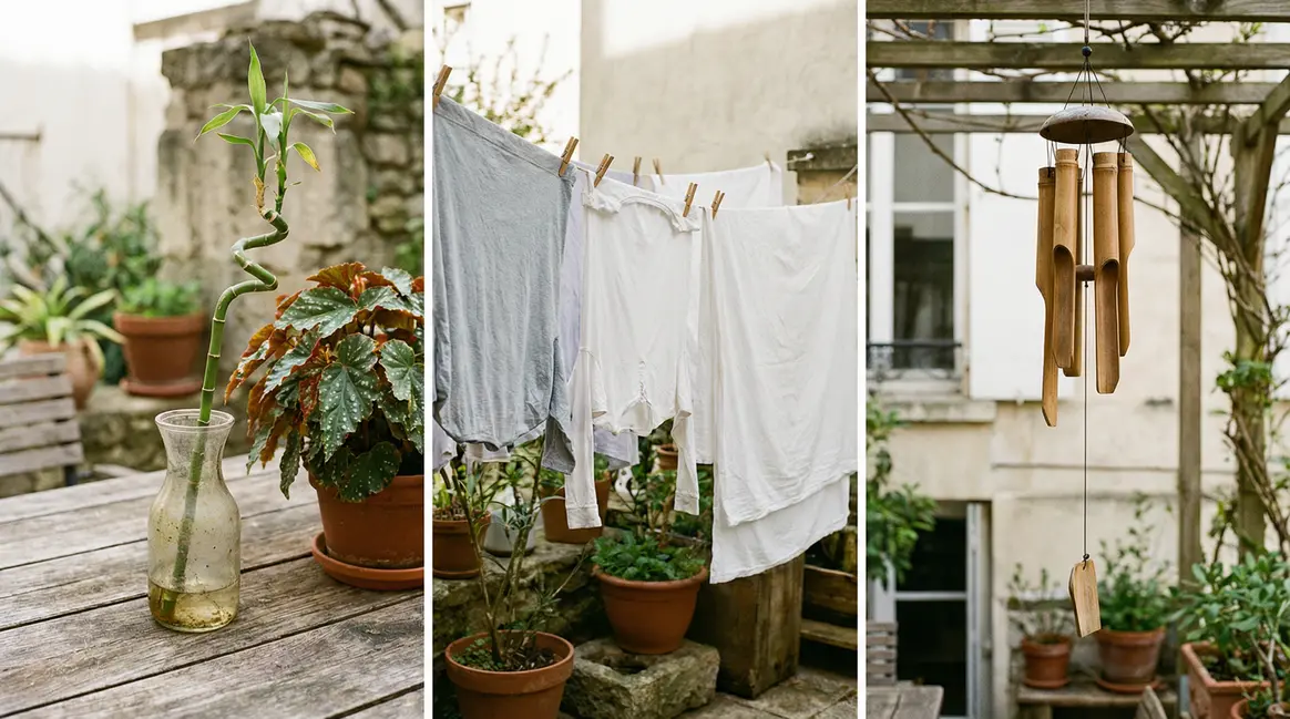terrasse jardin printemps avec vase bambou porte bonheur