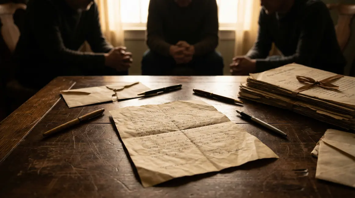 testament manuscrit froissé sur table ambiance conflit famille