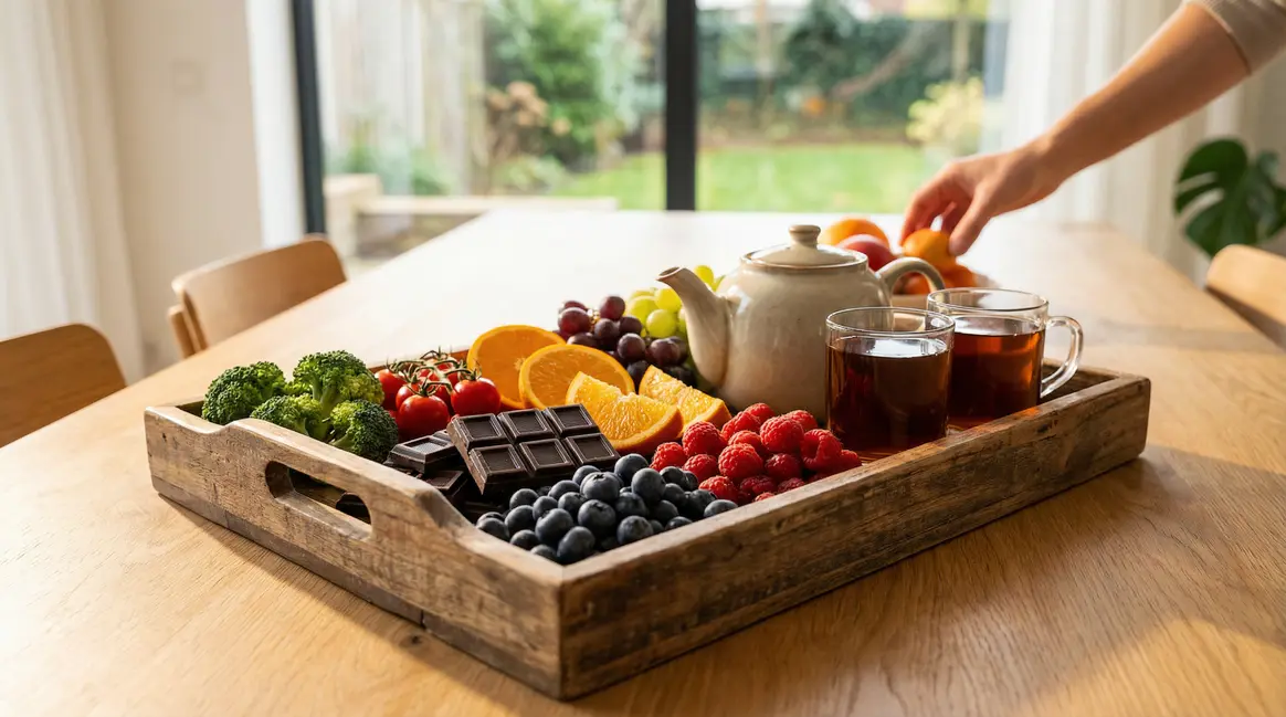 Plateau varié avec the chocolat noir baies fruits legumes pour longévité
