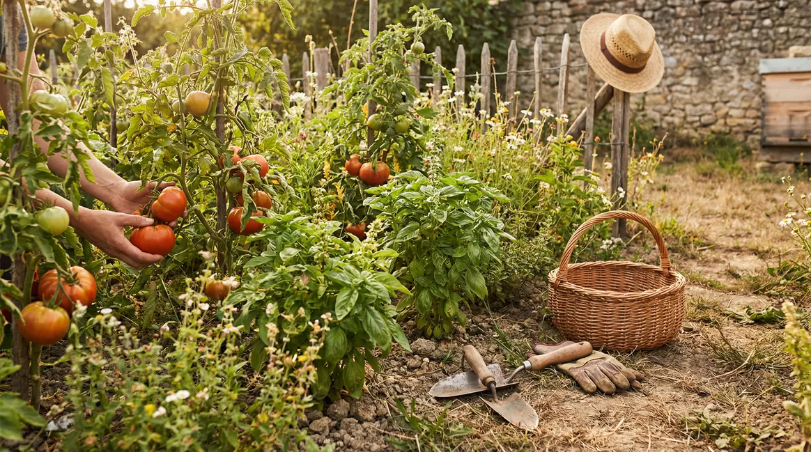 Potager familial tomate basilic ensoleillé outils jardin