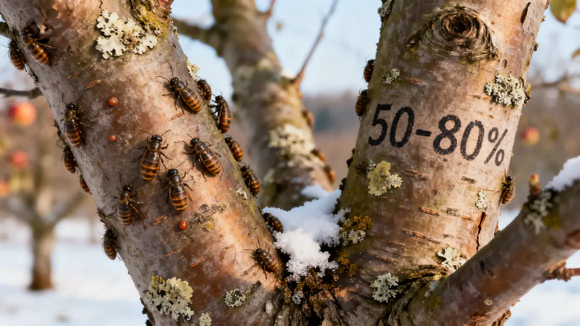 tronc arbre fruitier hiver oeufs insectes moisissure