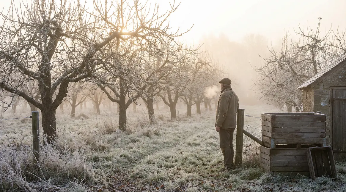 verger en hiver arbres fruitiers soleil givre
