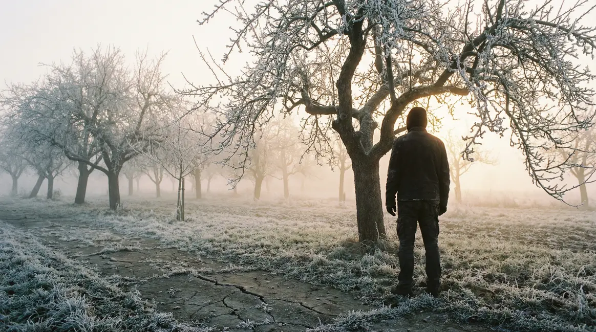 verger en hiver arbres fruitiers givrés brume matinale