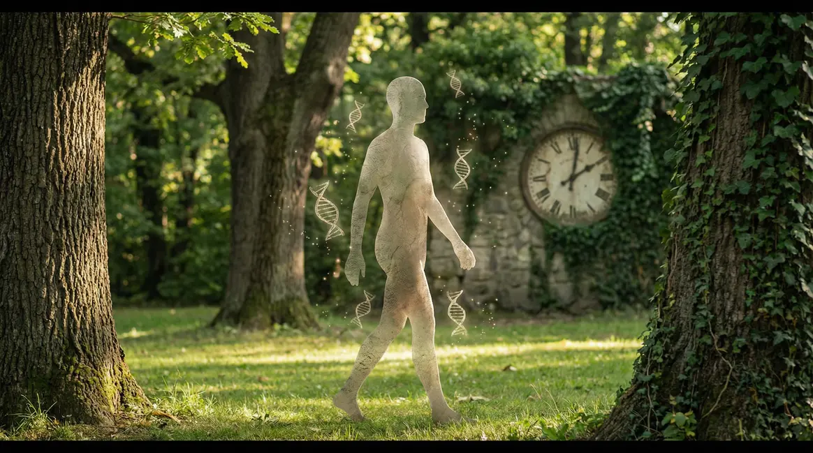 Silhouette active dans parc avec gènes et horloge, symbolisant vieillissement