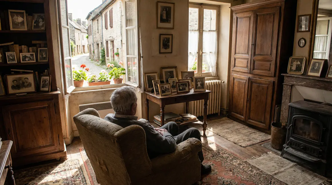Homme âgé assis salon Ney Jura ambiance chaleureuse