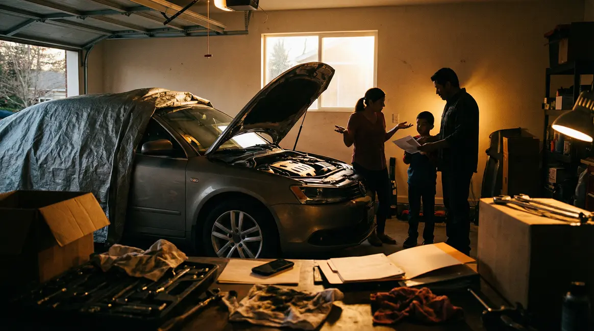 voiture immobilisée dans garage, famille en arrière-plan, stress assurance auto