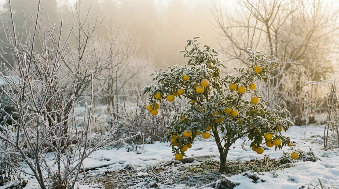 Yuzu fruits jaunes jardin givré hiver