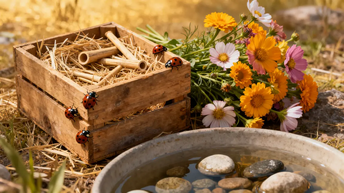 Abri à coccinelles avec fleurs et eau jardin