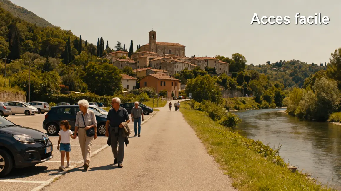 Arrivée famille seniors Dolceacqua parking verdure rivière