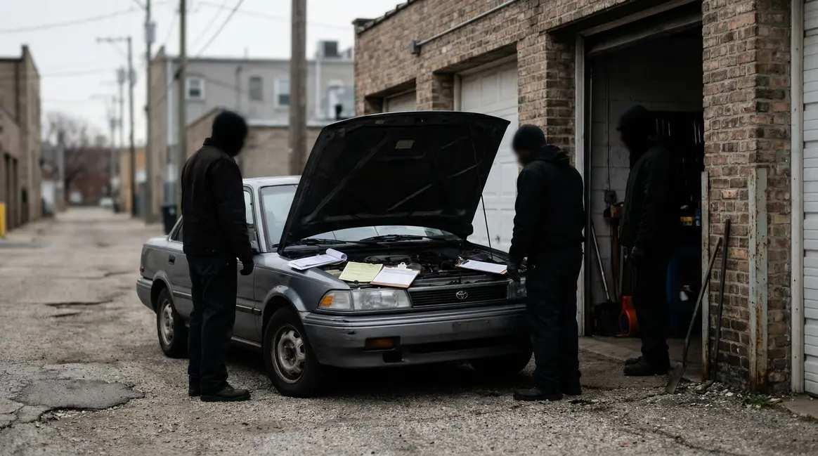 Acheteur vérifie documents voiture occasion devant garage