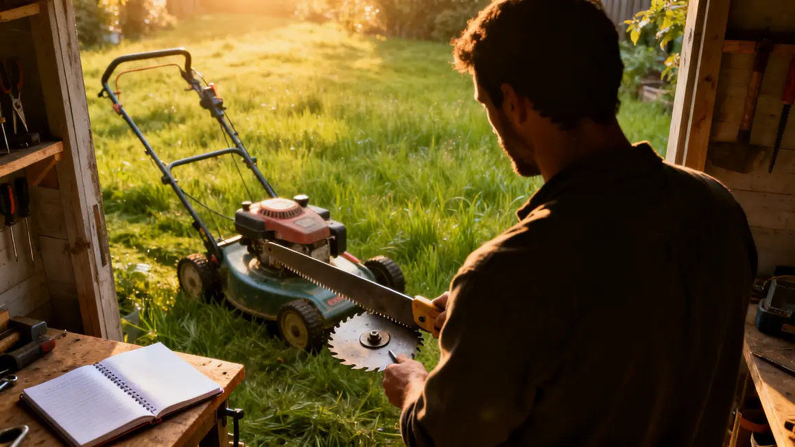 Homme affutant lame tondeuse abri jardin
