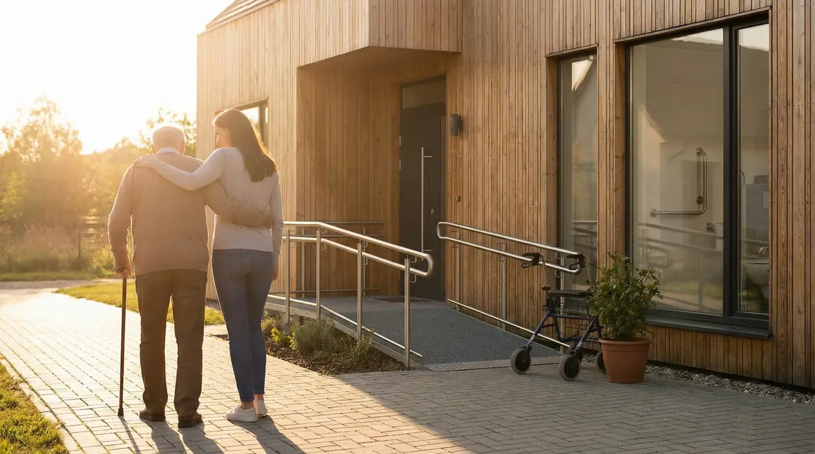 Silhouette senior aide devant maison adaptation domicile