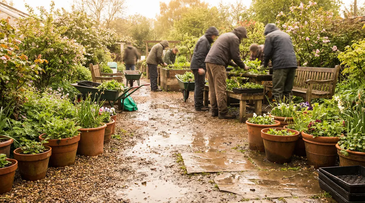 Scène de jardin printanier avec bouturage collectif