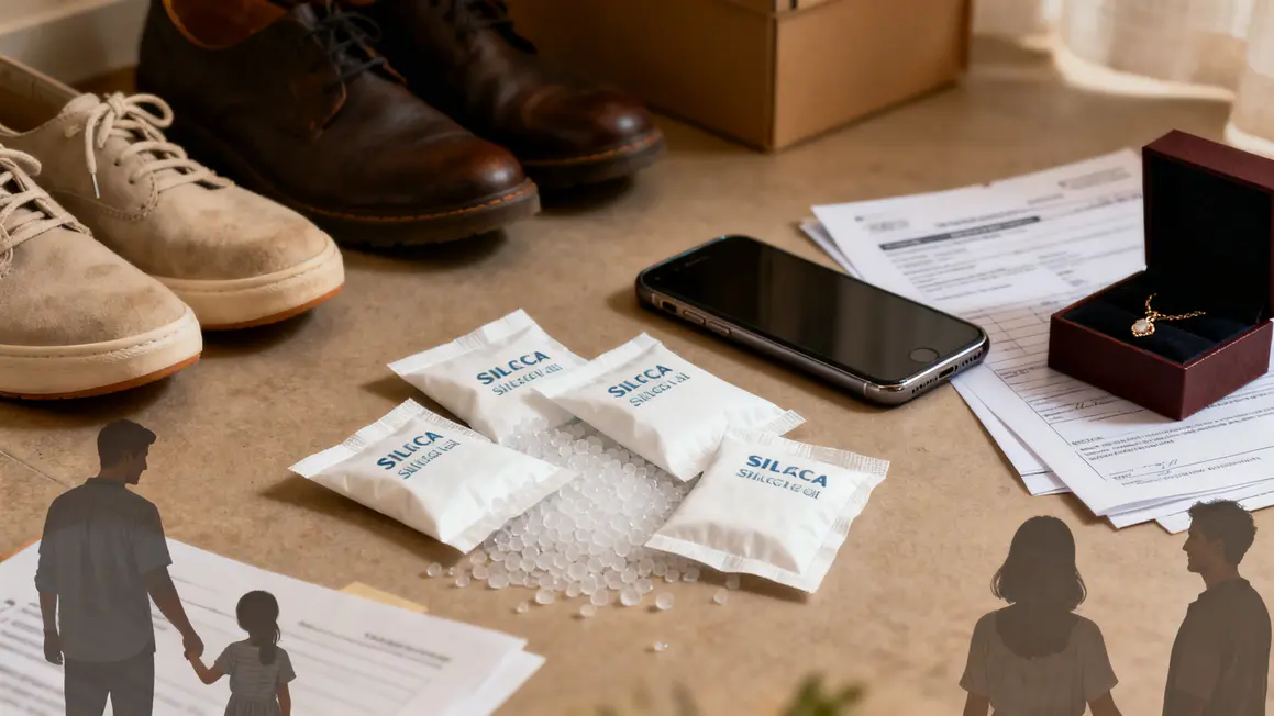 Sachets gel de silice avec chaussures smartphone documents bijoux