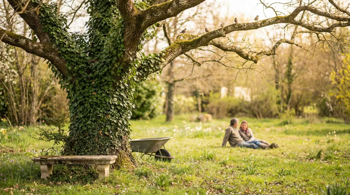 Arbre mature avec lierre et oiseaux au printemps