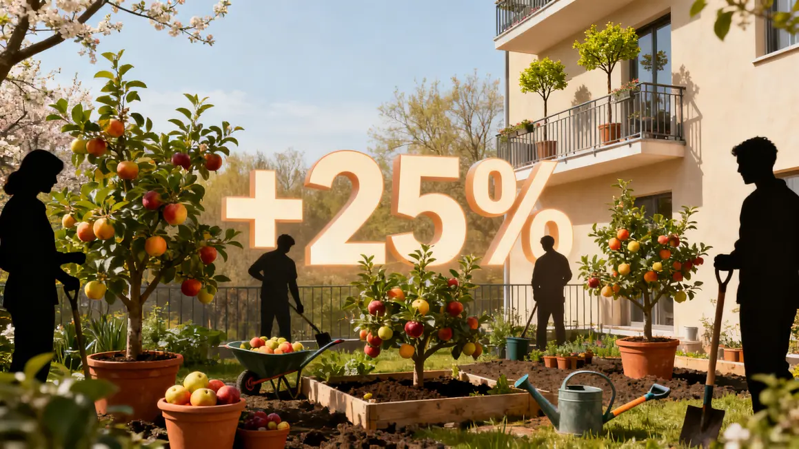 Silhouettes autour arbres fruitiers et outils jardinage