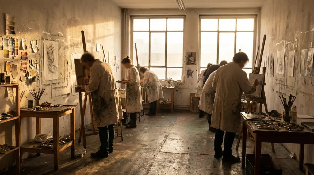 atelier peinture matin ambiance studieuse