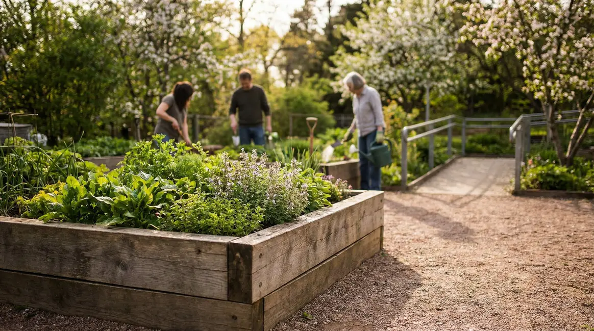 Bac potager surélevé en bois dans jardin printemps accessible