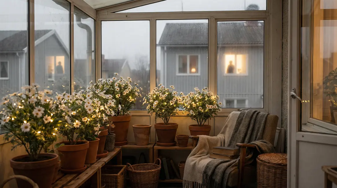 Marguerites artificielles lumineuses sur balcon d'hiver