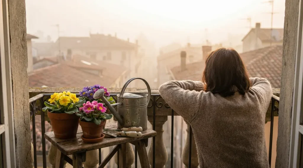 Primevères colorées balcon brumeux avec objets anciens