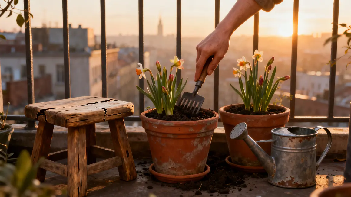 Primevères en pot balcon gestes matin arrosoir cabossé
