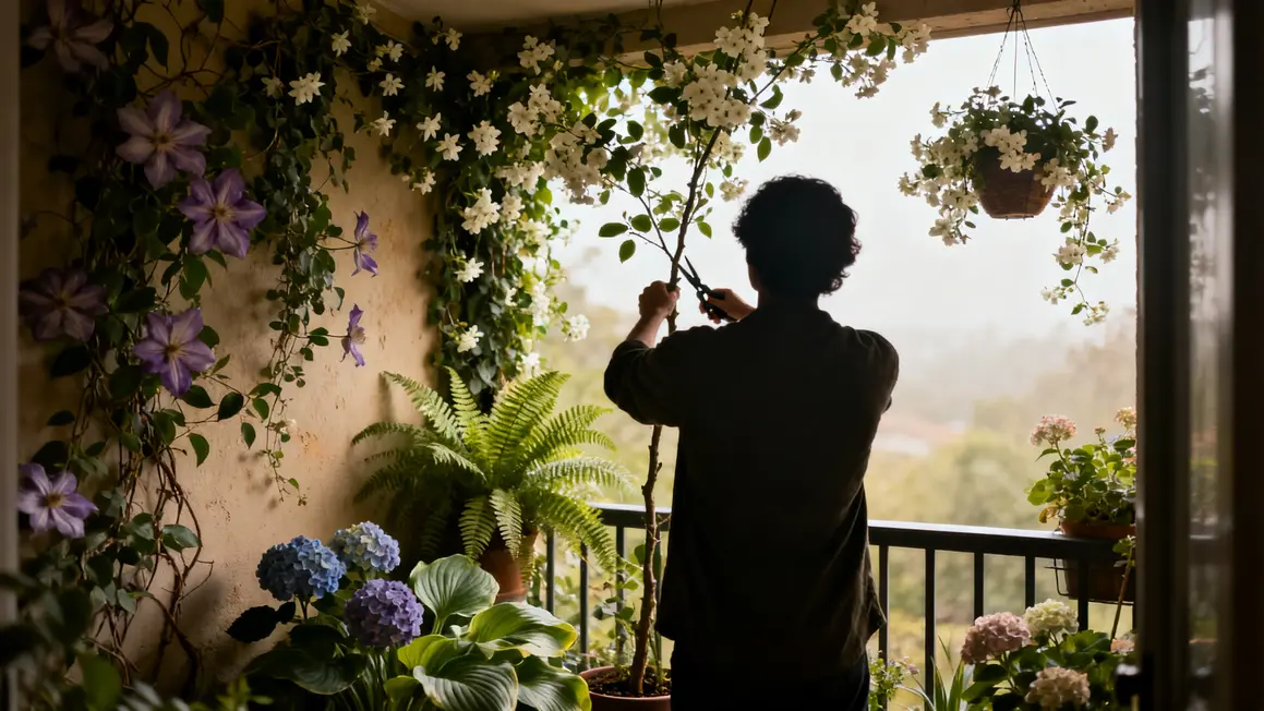 balcon apaisant avec clématites, jasmin, fougères
