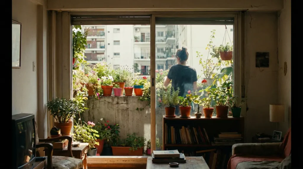 balcon urbain verdoyant avec fleurs et lumière naturelle