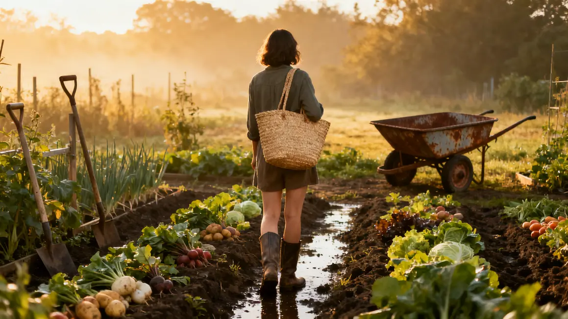 femme dos sac paille jardin potager matin