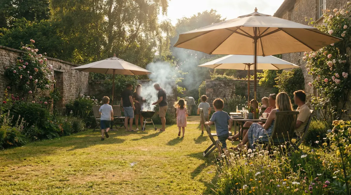 scène barbecue familial jardin été pelouse ombre enfants
