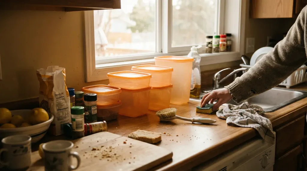Boîtes plastique tachées de sauce tomate sur plan de travail