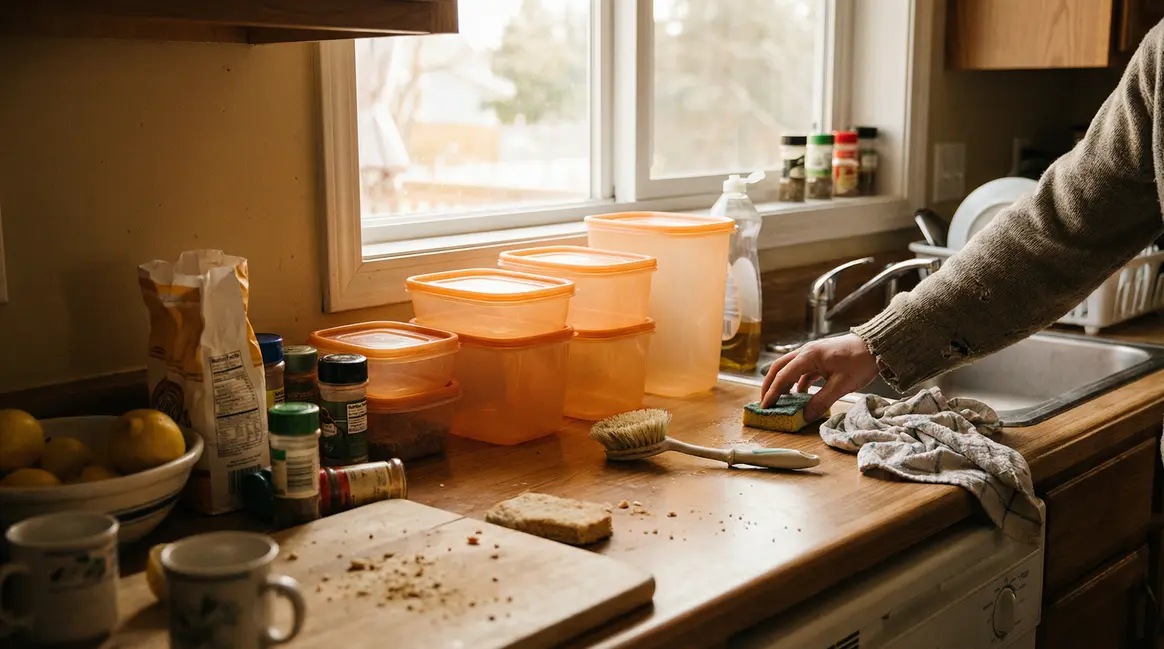 Boîtes plastique tachées de sauce tomate sur plan de travail