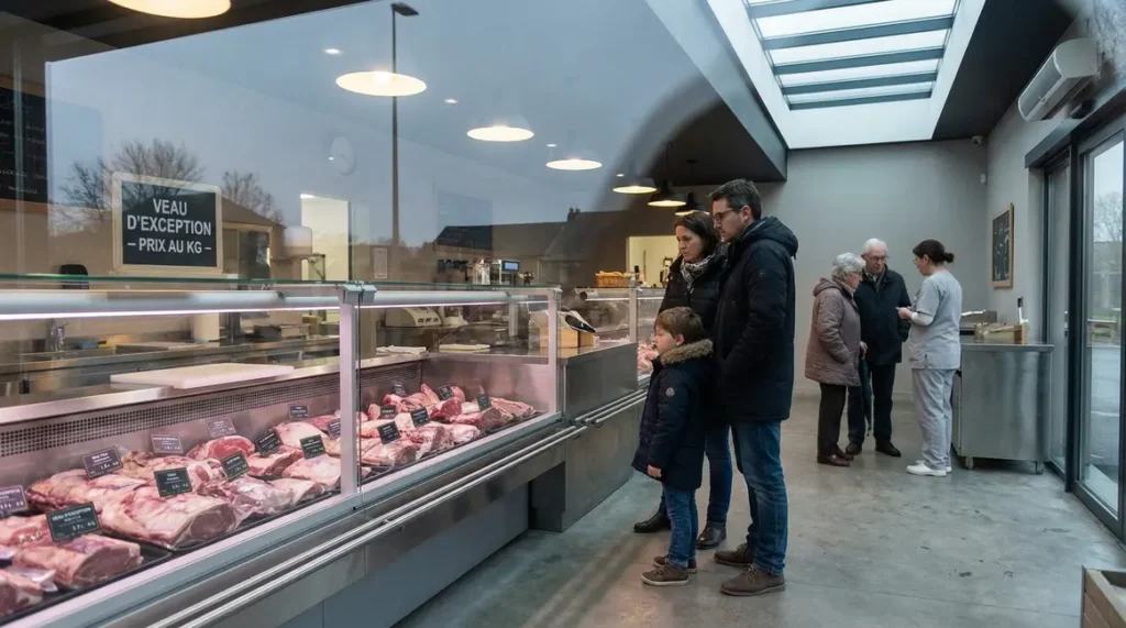 Boucherie moderne avec prix veau affichés, familles hésitant