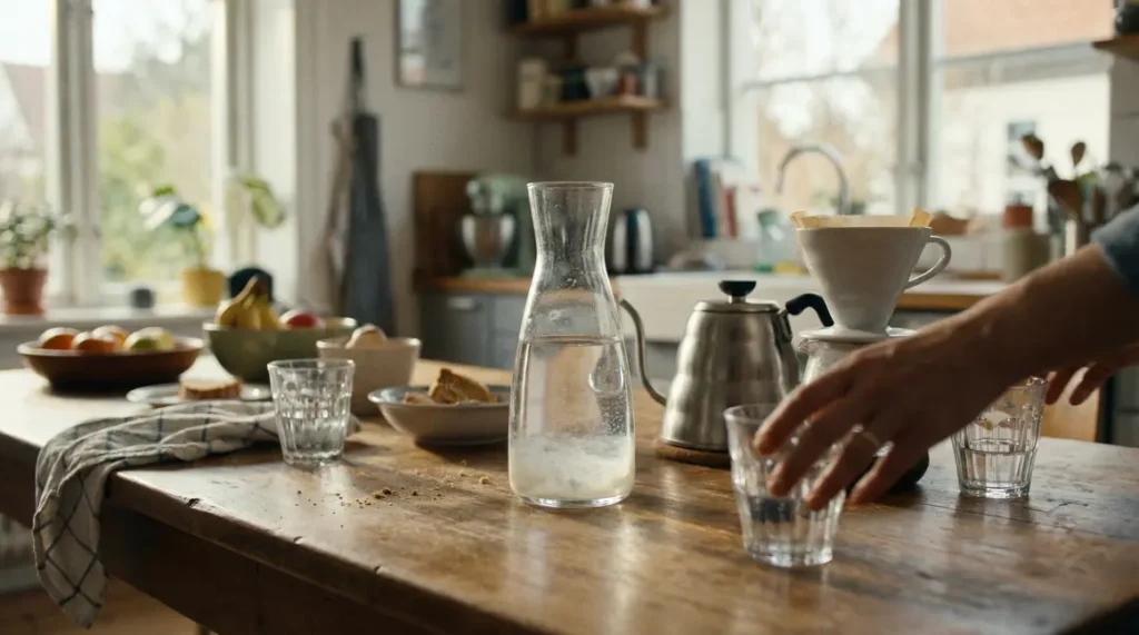 Carafe et bouilloire sans plastique, dépôts microplastiques dans cuisine
