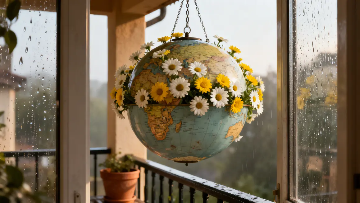 Boule marguerites blanches jaunes sur balcon sous la pluie
