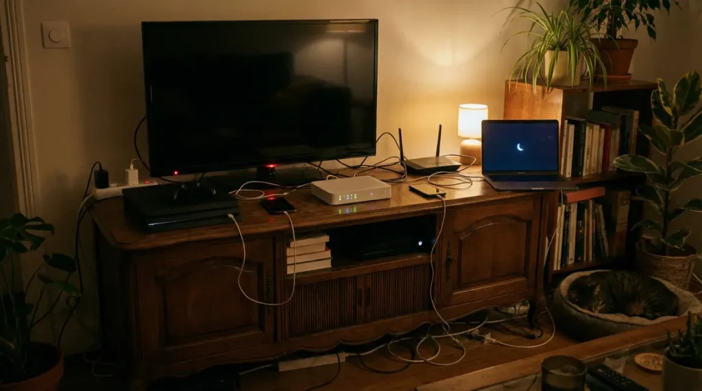 Illustration box Internet et appareils en veille ambiance nuit