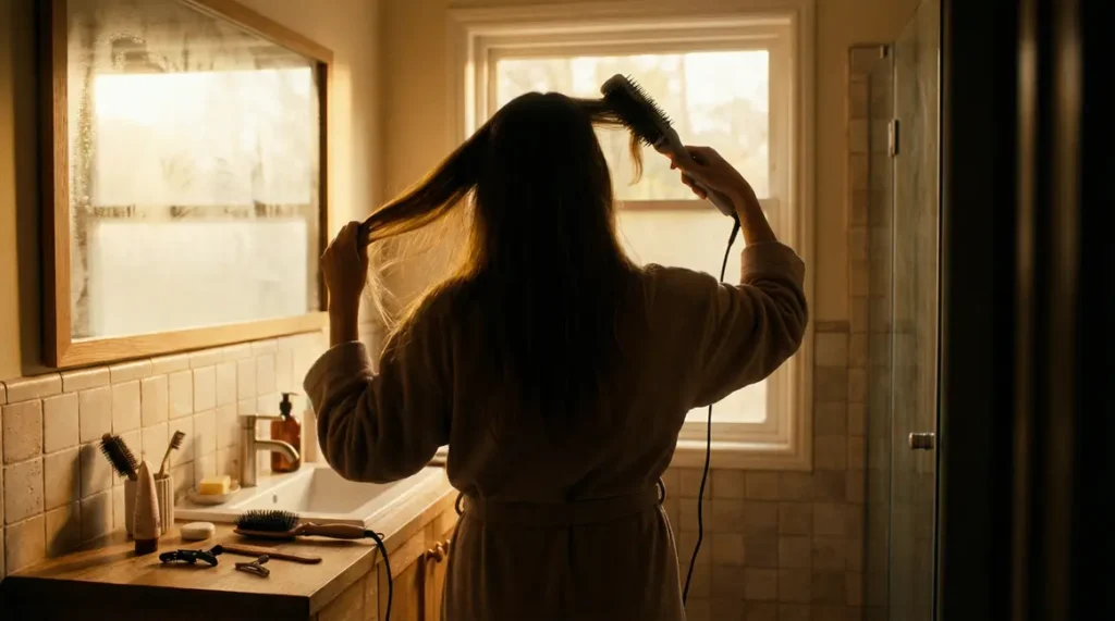 personne utilisant brosse soufflante brushing rapide salle de bain